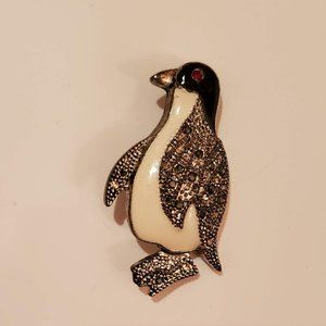 Vintage Penguin Brooch, Silver tone, Black White Enamel, Rhinestones, Red Eye